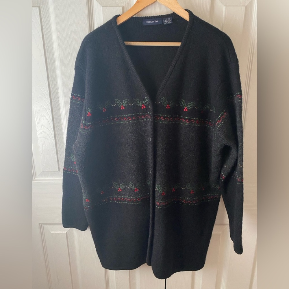 VINTAGE EAGLE’S EYE Black Gray 100% Boiled Wool Embroidered Holiday Cardigan 2X